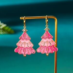Pink Christmas Festive Tree Earrings